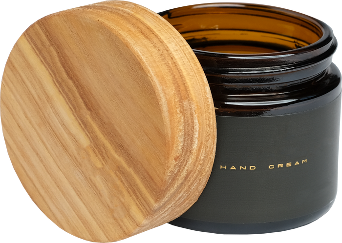 Black Container of Hand Cream with Wooden Lid Cutout